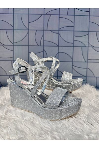 Anıl Ayakkabı Ves 690 Women's Silver Glitter Cross Single Strap Detail Laced Wedge Heel Daily Evening Dress Stylish Shoes