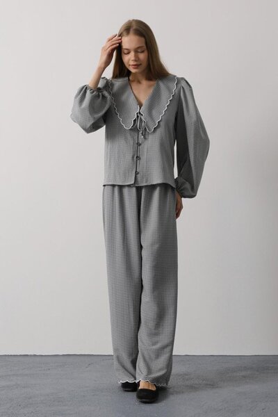 buğrahayalin Embroidered Baby Collar Trousers Set - Black