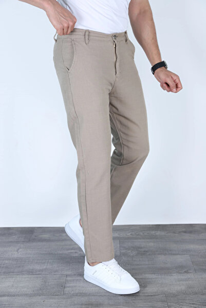 MYRAB DENİM Men's Classic Comfortable Fit Linen Trousers Stone