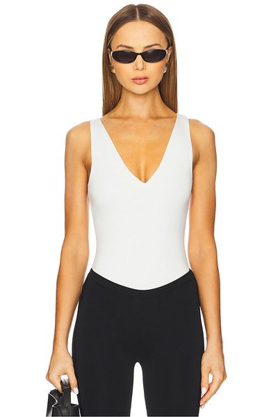 AFR CLOTHES Women's White V-Neck Back Decolate Double Layer Jersey Fabric Bodysuit