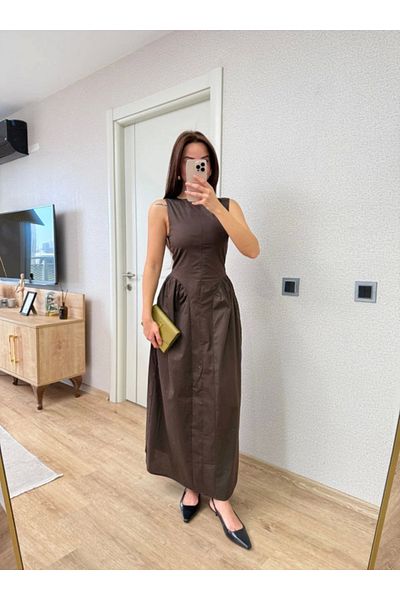 Aymood Front Zipper Detailed Sleeveless Long Dress - Brown