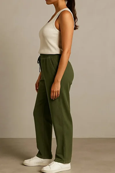 MYRAB DENİM Baggy Linen Women's Trousers Dark Khaki