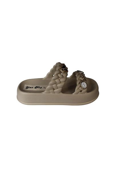 Yaz Kış Ayakkabı Yazkiş Women's Black Cream Green Gray Double Striped Rubber Sea Beach Pool Slippers with Stones on Top