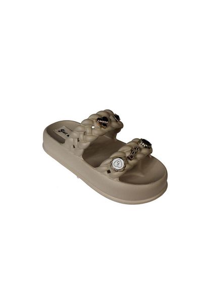 Yaz Kış Ayakkabı Yazkiş Women's Black Cream Green Gray Double Striped Rubber Sea Beach Pool Slippers with Stones on Top