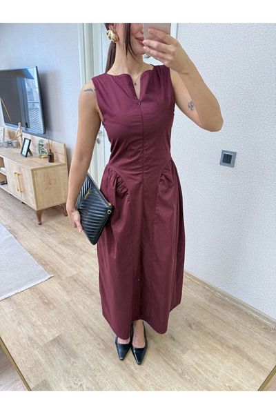 Aymood Rochie lungă fără mâneci cu fermoar în față - burgundă