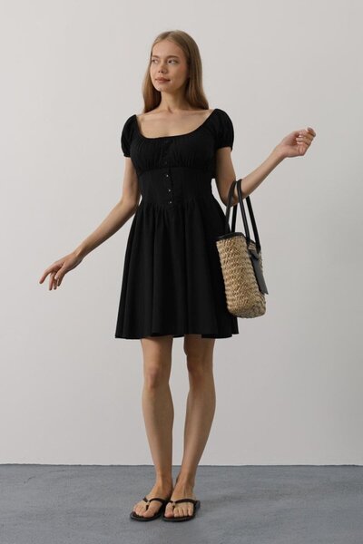 buğrahayalin Mini Dress with Waist Corset - Black