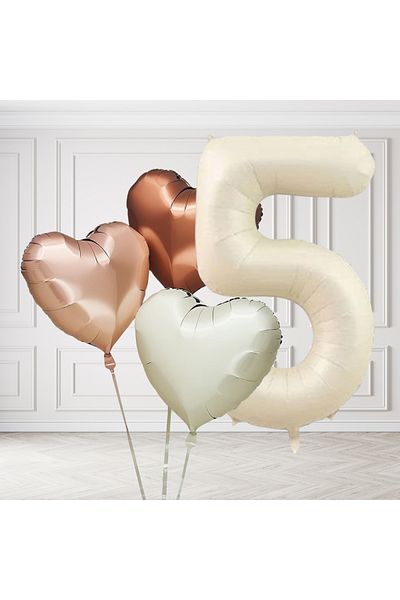 tedaks 5 Years Old Retro Cream Beige Brown Heart Balloons Set Birthday Balloon with Cream Figures Stylish Party Ornament