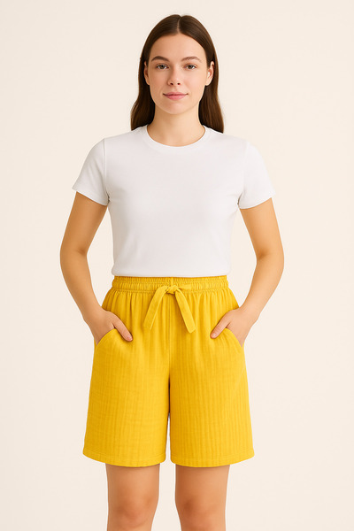 Çeşme Home شورت نسائي صيفي فضفاض مصنوع من قماش الموسلين القطني بنسبة 100% - ج...