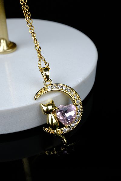Zalifra Moon Series, Cat Sitting on the Moon and Pink Heart Figure, Steel Necklace