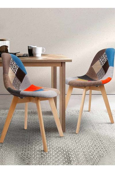 Taimi Pack of 4 Upholstered Patch Work Fabric Dining Chair with Armless |Solid Wood Modern Design Chair