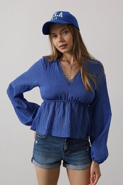 MODAVERA V-Neck Ruched Blouse - Blue