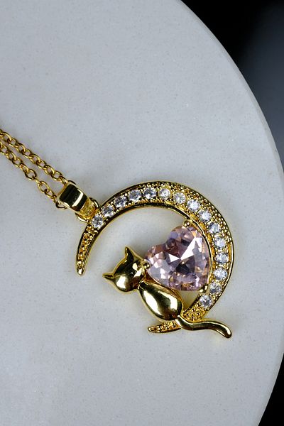 Zalifra Moon Series, Cat Sitting on the Moon and Pink Heart Figure, Steel Necklace