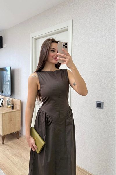 Aymood Front Zipper Detailed Sleeveless Long Dress - Brown