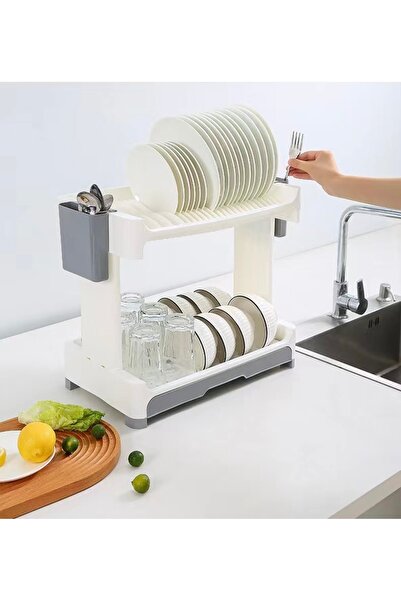Un رف تجفيف الأطباق المزدوج - أناقة وترتيب مطبخك وحامل سكاكين