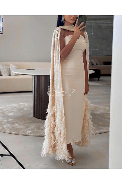 ALANOOD FASHION فستان سهرة بشال من الريش ثلاث اللوان بتصميم فاخر