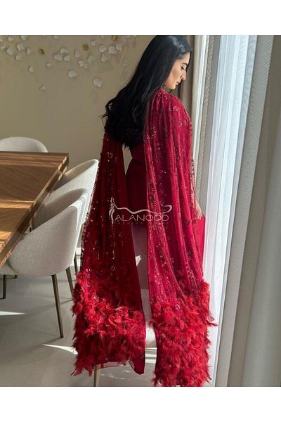 ALANOOD FASHION Luxury design three-color feather shawl evening dress