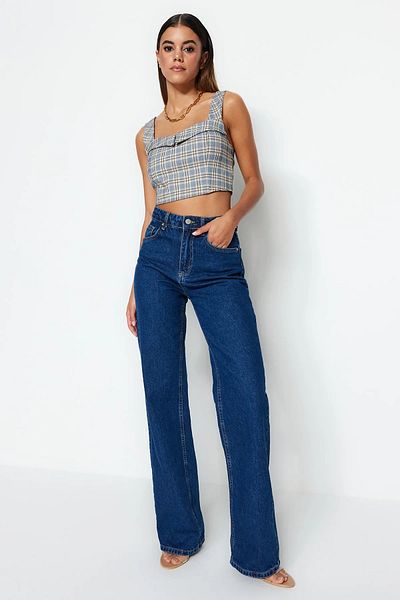 Livik Pantaloni de denim largi, elastici, din Lycra, pentru femei Harmony, model Palazzo, cu picioare largi