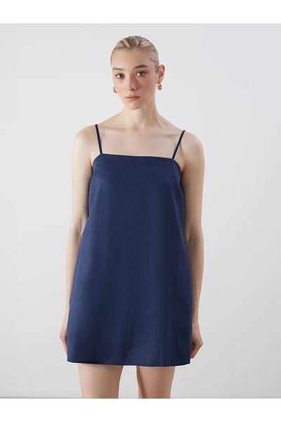 LC Waikiki Μίνι φόρεμα LCW Vision Indigo με τετράγωνο γιακά λινό