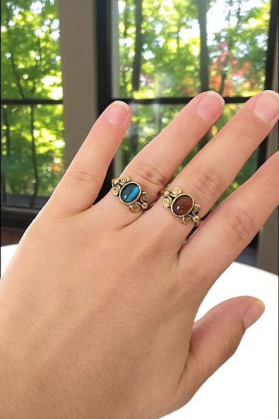 NBS Beautiful Naturel Stones Pure Copper 2 Pieces Adjustable Ring Combination Agate, Cat Eye Gorgeous Colors Quality Elegant Gift