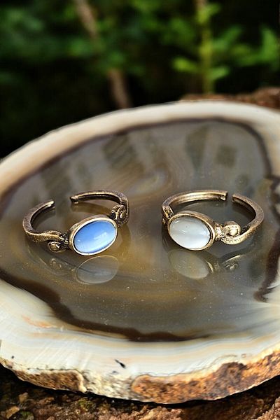 NBS Beautiful Naturel Stones Pure Copper 2 Pieces Adjustable Ring Combination Selenite, Cat Gorgeous Colors Elegant Gift Daily