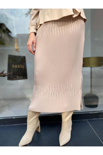 MissWhence Zipper Detailed Women's Pleated Skirt Stone Color