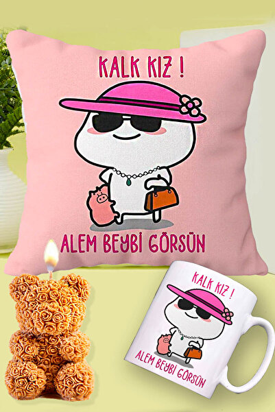 RETROGO Kalk Kız Alem Beybi Görsün Yastık & Kupa & Teddy Bear Gül Ayıcık Hediye Seti