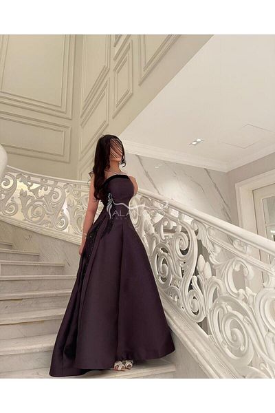 ALANOOD FASHION Elegant design evening dress with a puffy sleeve made of Mikado fabric