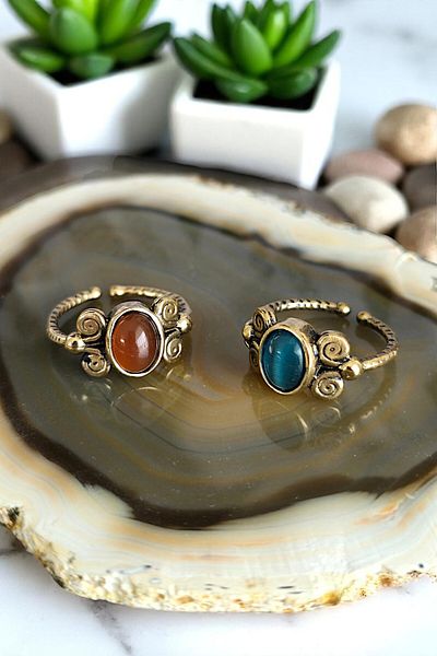 NBS Beautiful Naturel Stones Pure Copper 2 Pieces Adjustable Ring Combination Agate, Cat Eye Gorgeous Colors Quality Elegant Gift