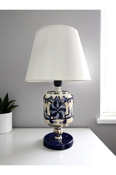 ferayhome Lampshade Lighting Ceramic Oval Blue Floral White Hat Silver - Feray Home