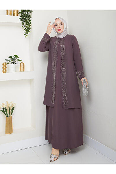 KMKkombin ANNE MODEL TAM BOY RAHAT KALIP ŞERİT DESENLİ TAŞLI KADIN ELBİSE 2024