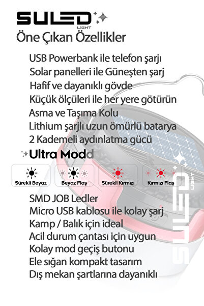 SULED Mini Pro Kamp Lambası ve Fener USB Power Bank Özellikli Solar Panel 4 Mod Flaşlı