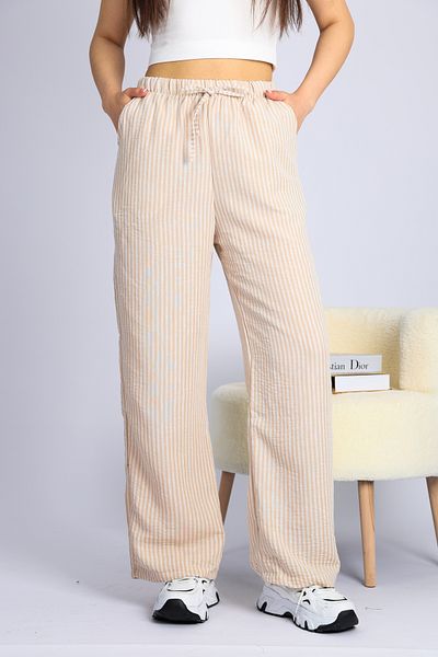 schlank Stone Waist Adjustable Striped Pockets Wide Leg Linen Women's Pants S
