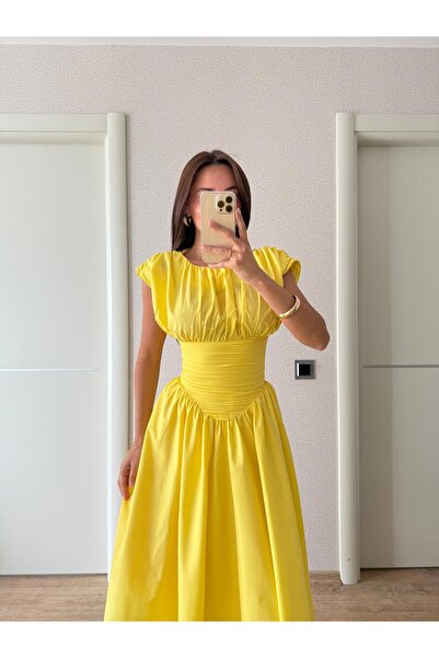 FMN Butik pinterest muadil geniş çan etek bele oturan midi tasarım şık yazlık kısa kollu uzun drapeli elbise