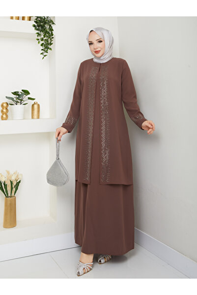 KMKkombin ANNE MODEL TAM BOY RAHAT KALIP ŞERİT DESENLİ TAŞLI KADIN ELBİSE 2024