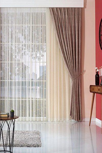 Elen's Bej Modern Yumuşak Dökümlü Kumlama Eskitme Desenli Jakar Fon Perde Büz...