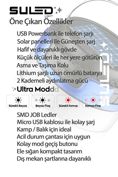 SULED Mini Pro Kamp Lambası ve Fener USB Power Bank Özellikli Solar Panel 4 Mod Flaşlı