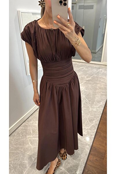 FMN Butik pinterest muadil geniş çan etek bele oturan midi tasarım şık yazlık kısa kollu uzun drapeli elbise