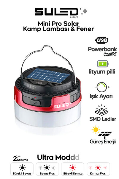 SULED Mini Pro Kamp Lambası ve Fener USB Power Bank Özellikli Solar Panel 4 Mod Flaşlı
