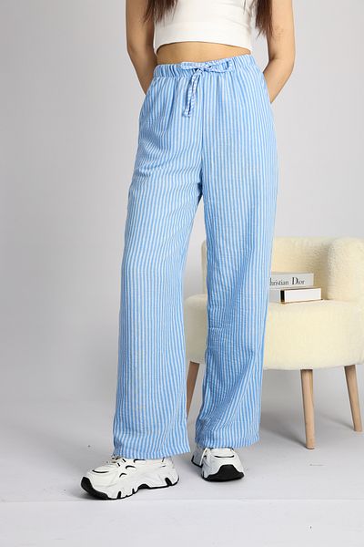 schlank Blue Adjustable Waist Striped Pockets Wide Leg Linen Women's Trousers S