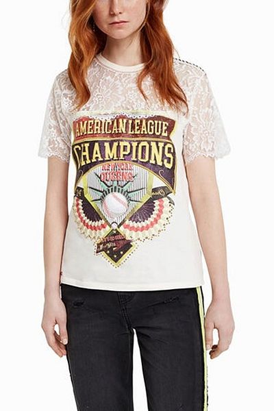 Desigual Cotton and polyamide blend blouse with logo print and lace detail Champions, Ecru, M