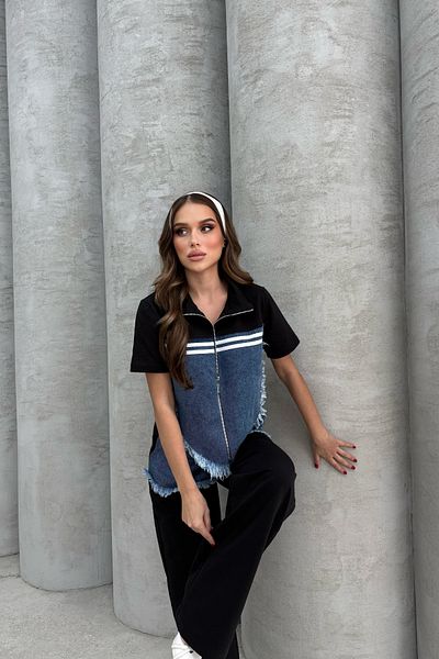 Bliss Women's Summer Short Sleeve Denim Detailed Oversize Bottom Top Tracksuit Set
