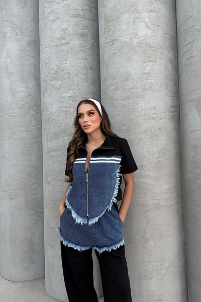 Bliss Women's Summer Short Sleeve Denim Detailed Oversize Bottom Top Tracksuit Set
