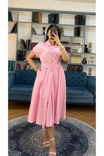 Nida Boutique Yarım Kol Kuşaklı Düğmeli Gömlek Yaka Yarım Astarlı Keten Elbise