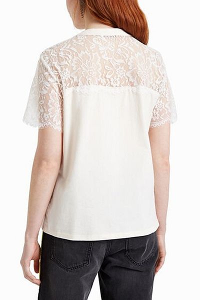 Desigual Cotton and polyamide blend blouse with logo print and lace detail Champions, Ecru, M