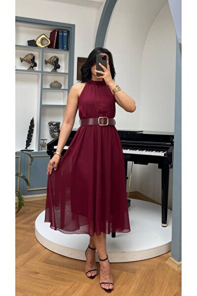 Nida Boutique Halter Yaka Kemerli Beli Lastikli Astarlı Şifon Elbise