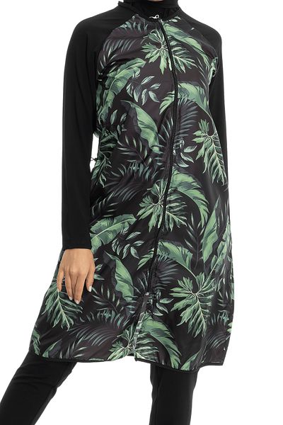 LEOMA Fully Covered Water Repellent Quick Drying Side Adjustable Zippered Patterned Hijab Swimsuit