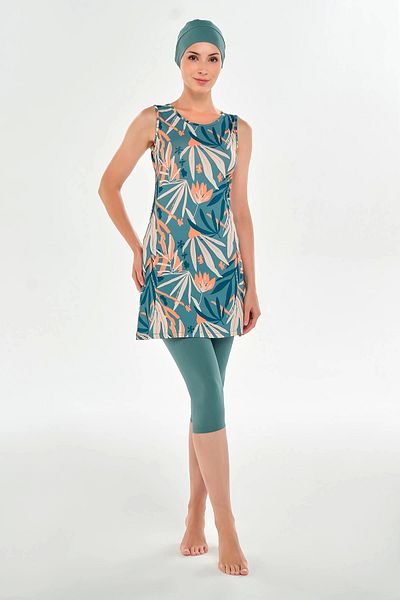 buHillco Olena Sleeveless Green Patterned Women's Hijab Swimsuit