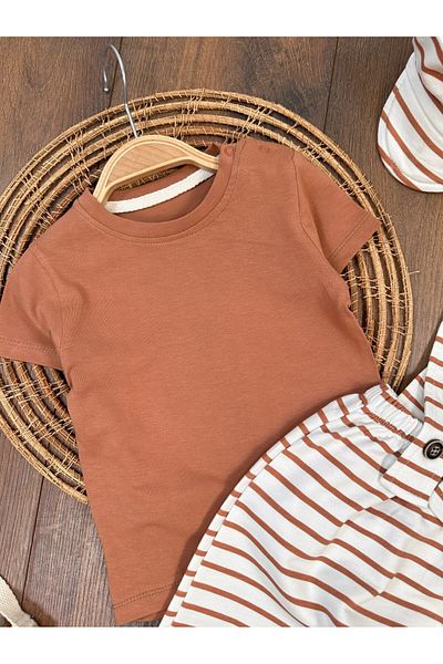 Bolly Baby Short Sleeve T-Shirt with Suspender Pants and Striped Patterned Hat 6-24 Months 3-Piece Summer Baby Boy Set