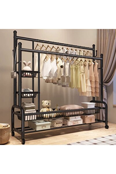 Un علاقة ملابس متعددة الاستخدامات بتصميم فخم، تحتوي على سلتين للتخزين وقسم رف...