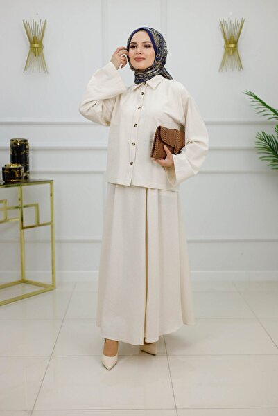 VALENS BOUTİQUE Double Linen Skirt Shirt Set Güneş